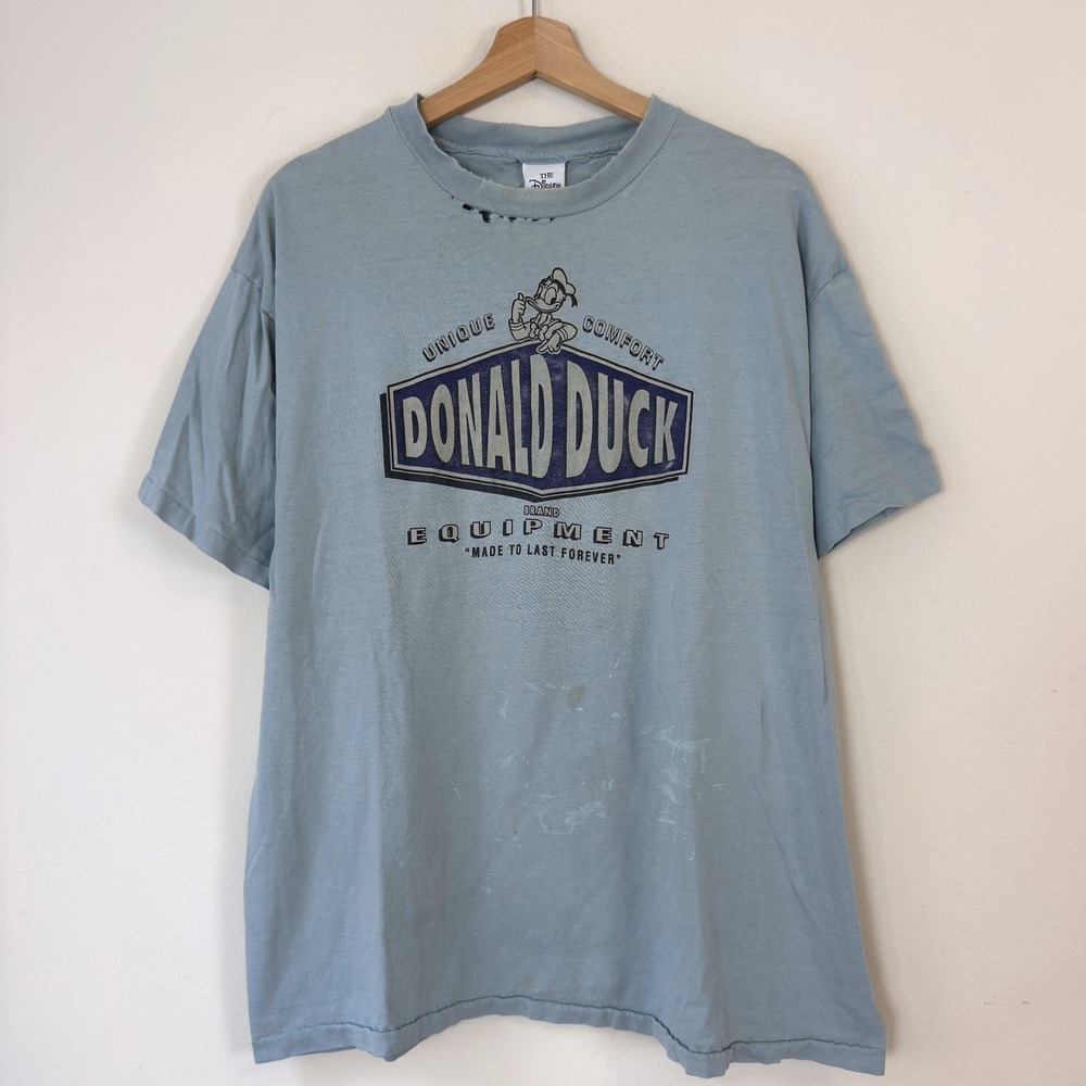 Vintage 90's Disney Donald Duck Equipment Workout Distressed Blue Grey Tee Shirt
